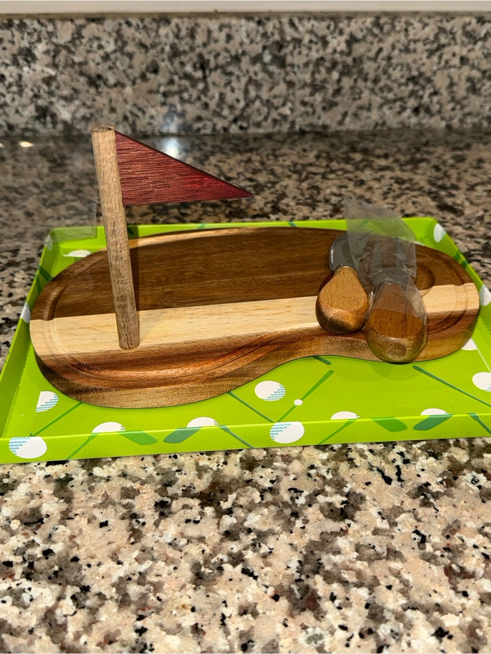 Wooden Mini Golf Serveware Tray with Red Flag - Brown